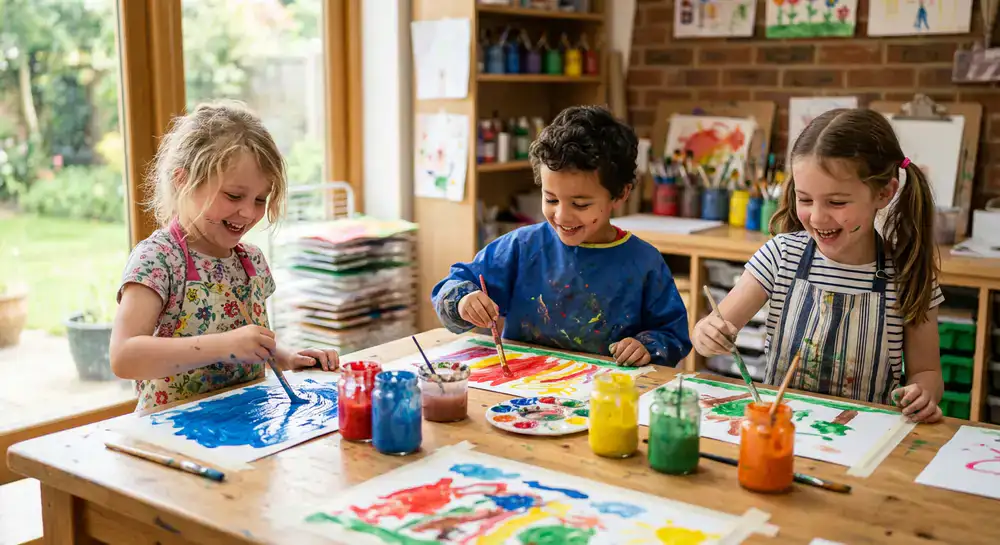 Kinder malen fröhlich an einem Tisch mit bunten Farben
