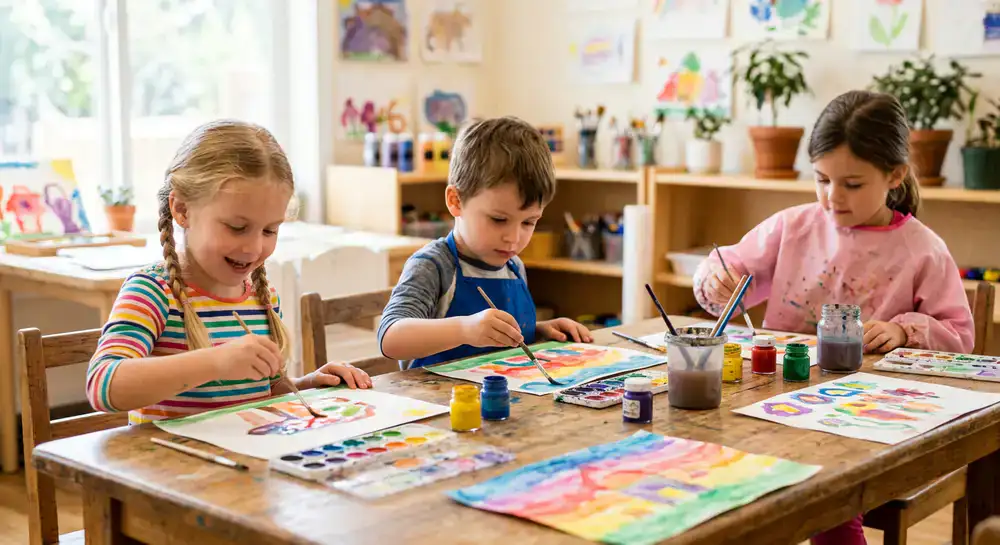 Kinder malen und basteln konzentriert mit Wasserfarben