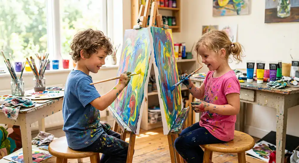 Zwei Kinder malen konzentriert und fröhlich mit bunten Farben auf eine Leinwand