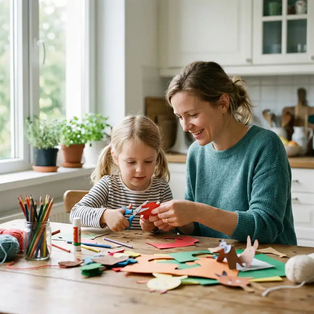 Mutter und Kind basteln gemeinsam am Küchentisch