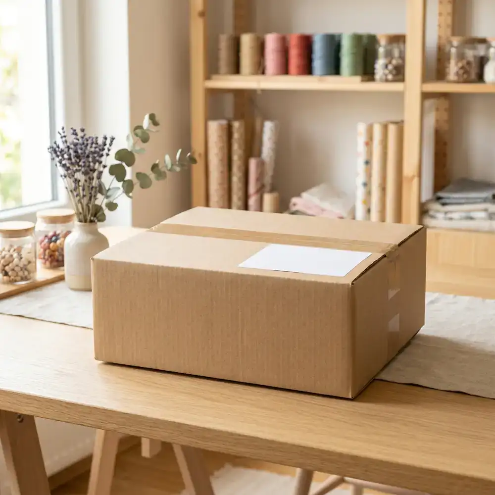 Sorgfältig gepacktes Bastelpaket bereit für den Versand