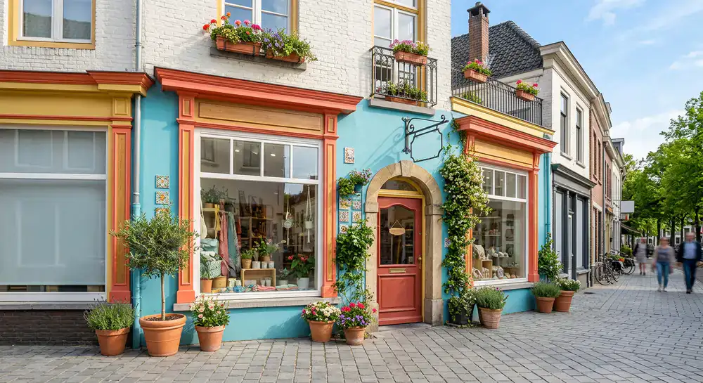 Die leuchtend bunte Fassade unseres ersten Shops