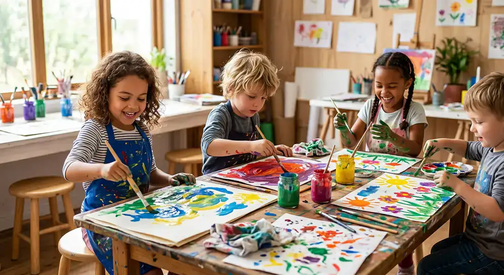 Kinder malen kreativ mit bunten Farben