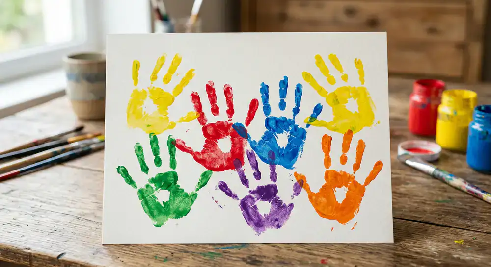 Bunte Handabdrücke auf Zeichenpapier